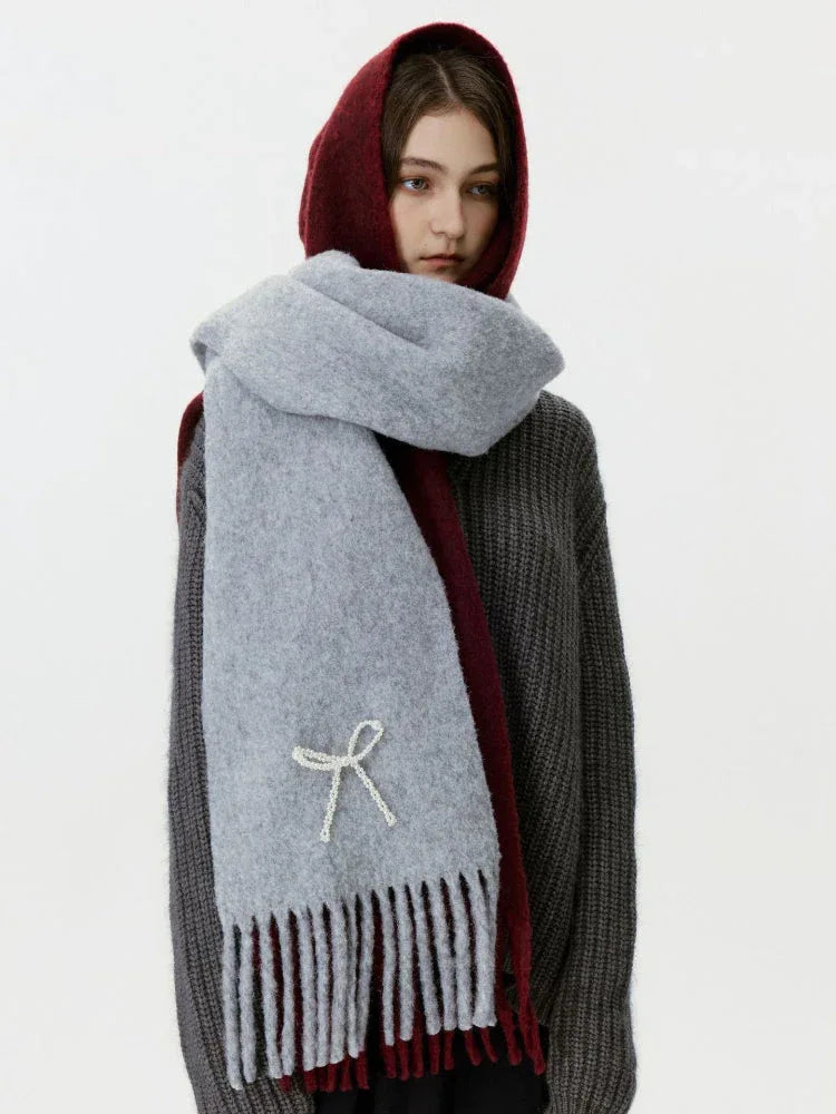 Wool Blend Pearl Bow Scarf - TEVQA