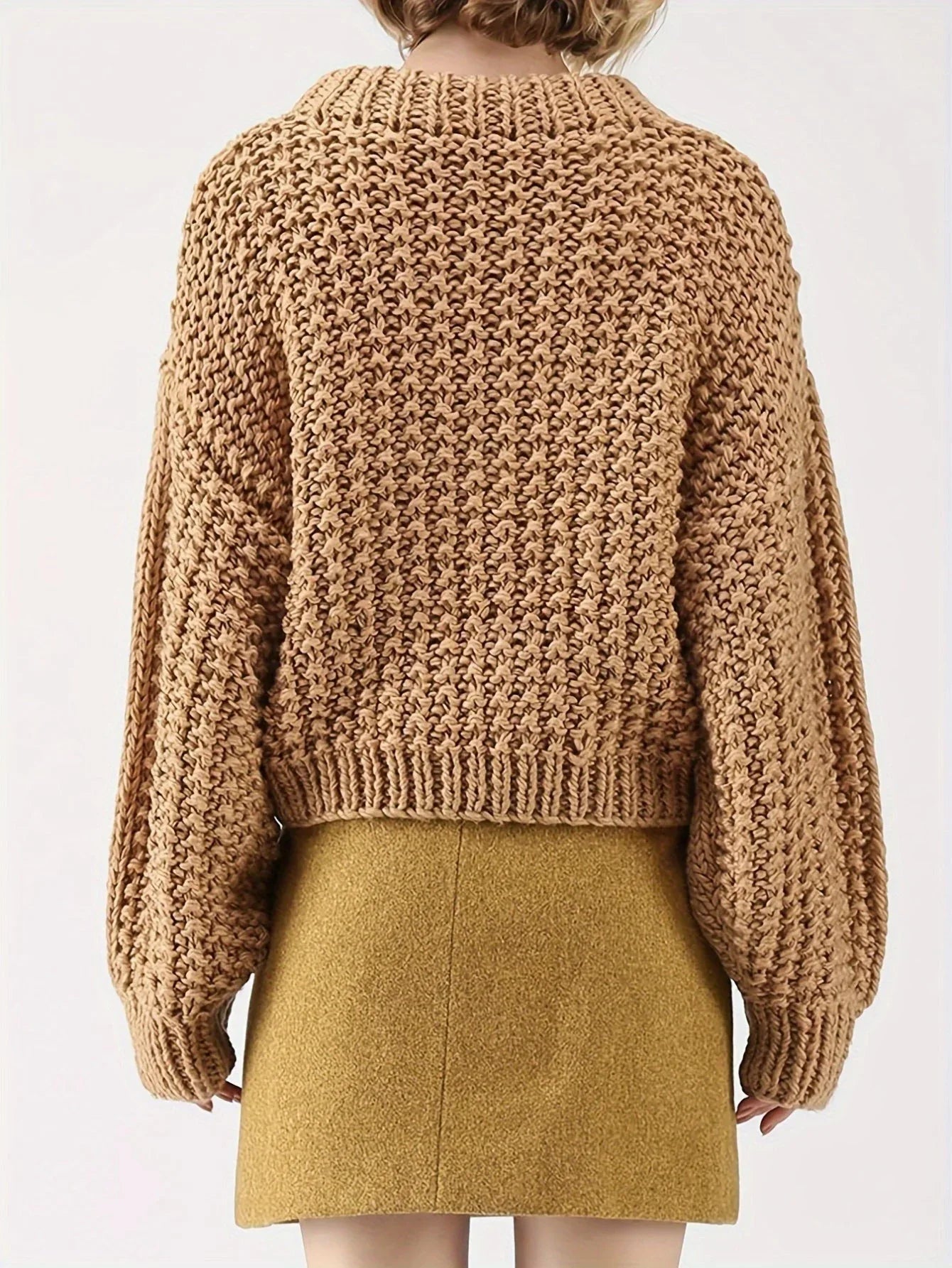 Vintage Mustard Chunky Knit Lantern Sleeve Sweater - TEVQA