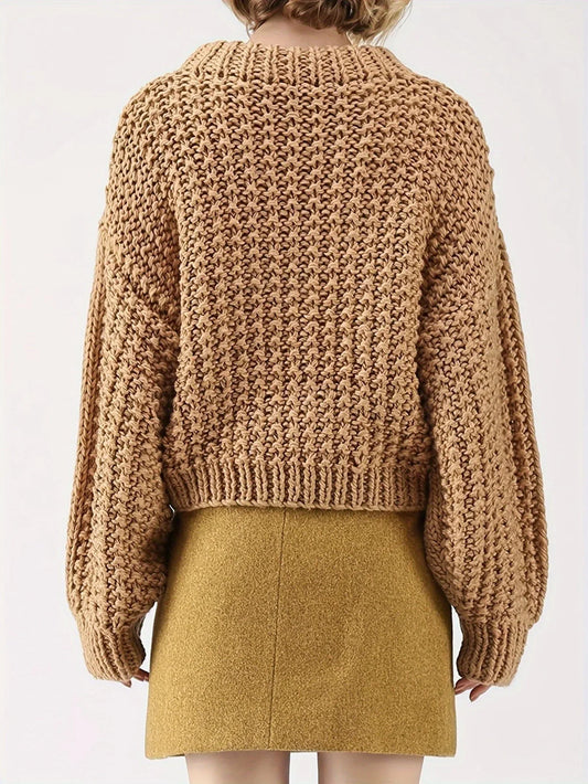 Vintage Mustard Chunky Knit Lantern Sleeve Sweater - TEVQA