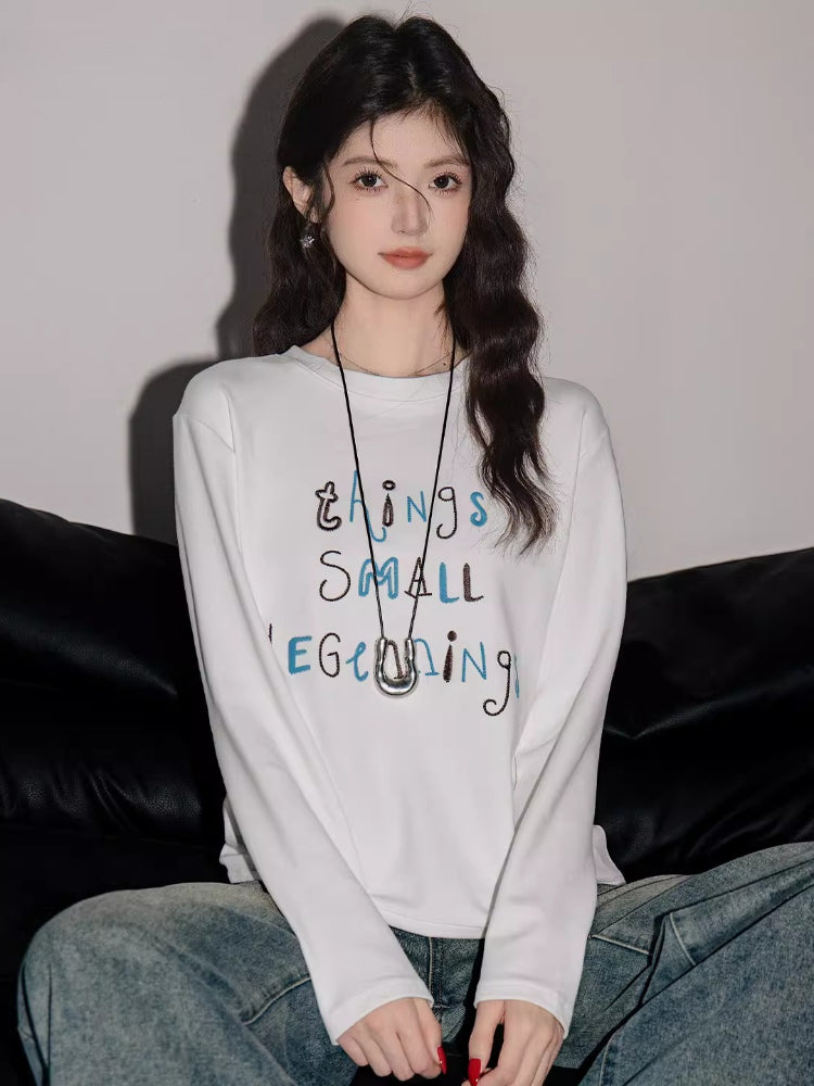 Embroidered Letter Long Sleeve Tee - View 6 | TEVQA