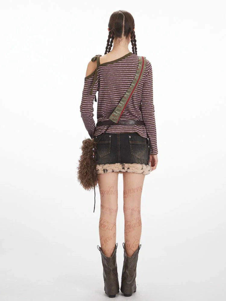 Y2K Grunge Asymmetrical Striped Long Sleeve Top - TEVQA