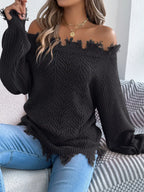 Distressed Off-Shoulder Knit Sweater - View 9 | TEVQA