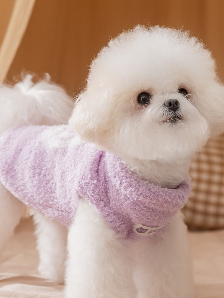 A white bichon frise dog wearing a lavender plush dog sweater with a white 'Wcat' logo patch, standing on a beige surface.