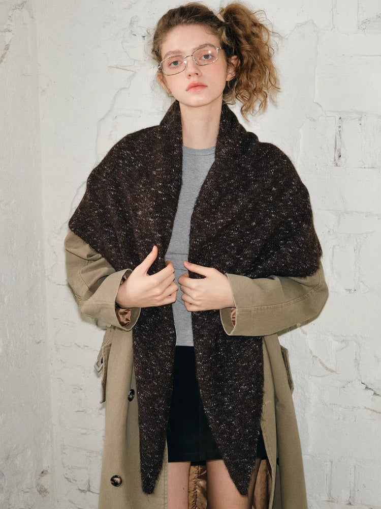 Oversized Marled Knit Triangle Shawl Dark Brown