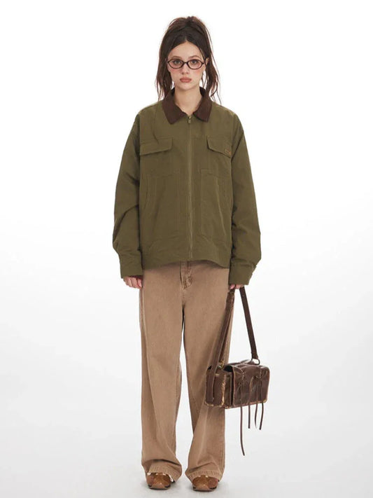 Vintage Olive Utility Workwear Jacket - TEVQA