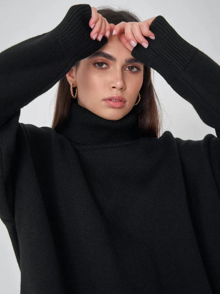 Classic Oversized High Neck Knit Sweater - TEVQA