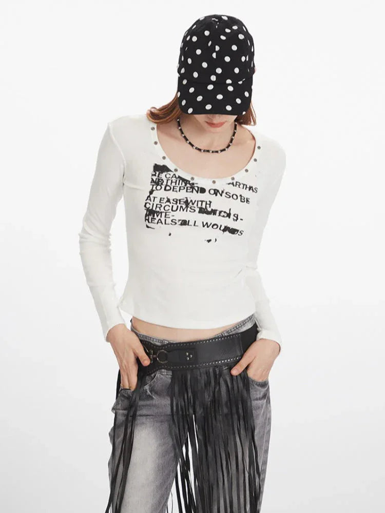 Distressed graphic long sleeve top with stud detailing - View 6 | TEVQA