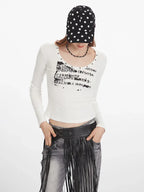 Distressed graphic long sleeve top with stud detailing - View 6 | TEVQA