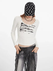 Distressed graphic long sleeve top with stud detailing - View 6 | TEVQA