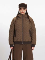 Vintage Mocha Wavy Quilted Hooded Puffer Jacket - TEVQA