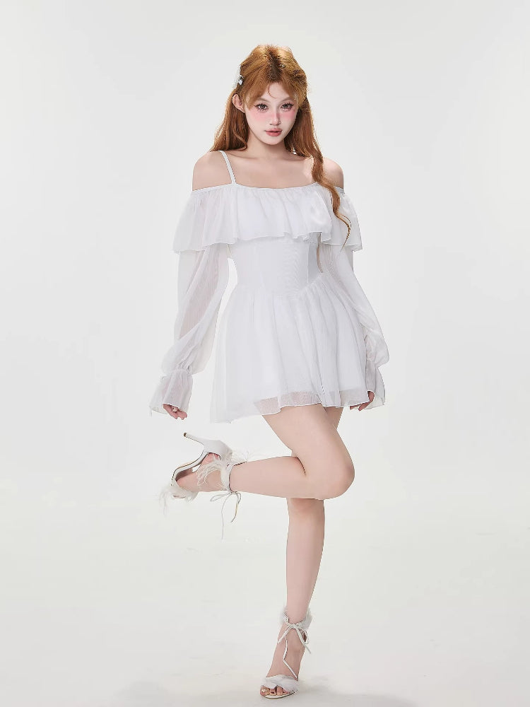 White Off-Shoulder Ruffle Swim Dress