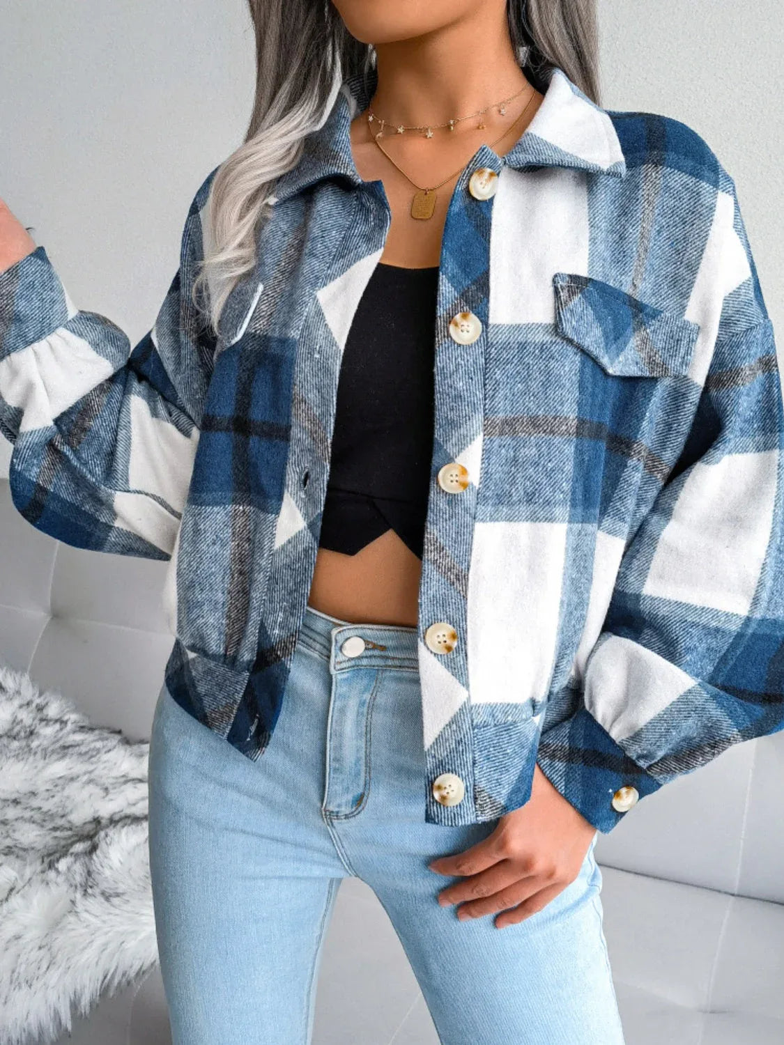 Plaid wool blend cropped shacket with lantern sleeves - View 21 | TEVQA