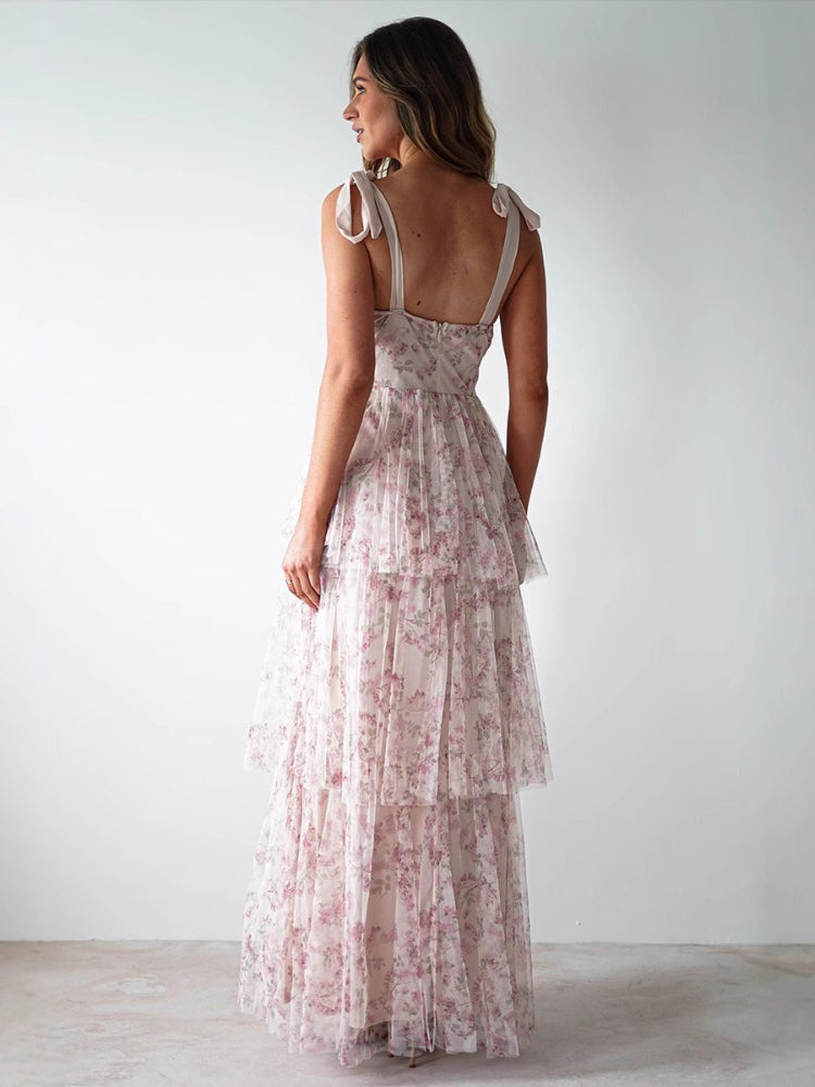 Tiered Floral Bow Shoulder Maxi Dress - Pink