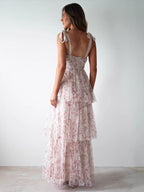 Tiered Floral Bow Shoulder Maxi Dress - Pink
