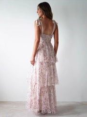 Tiered Floral Bow Shoulder Maxi Dress - Pink