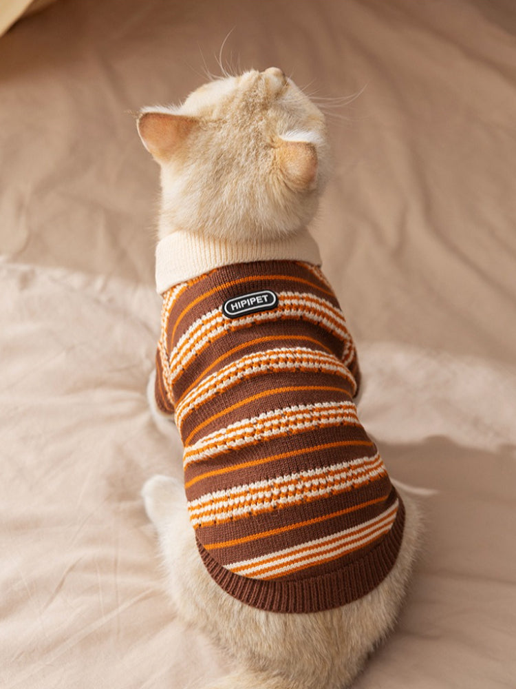 A white cat wearing a brown and orange striped knit sweater, viewed from the back, showing the 'HIPIPET' tag.