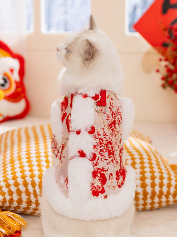 The back of a white cat wearing a red traditional Chinese jacket with floral patterns and faux fur trim, sitting on a cushion.