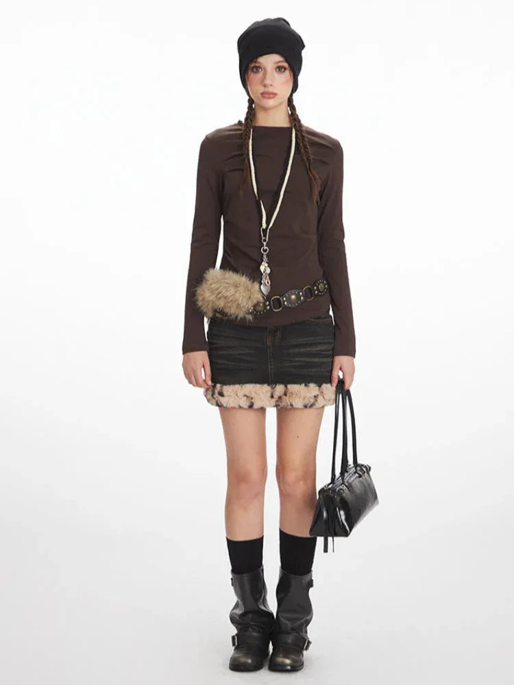 Y2K Mocha Ruched Slim Fit Long Sleeve Top - TEVQA
