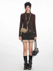 Y2K Mocha Ruched Slim Fit Long Sleeve Top - TEVQA