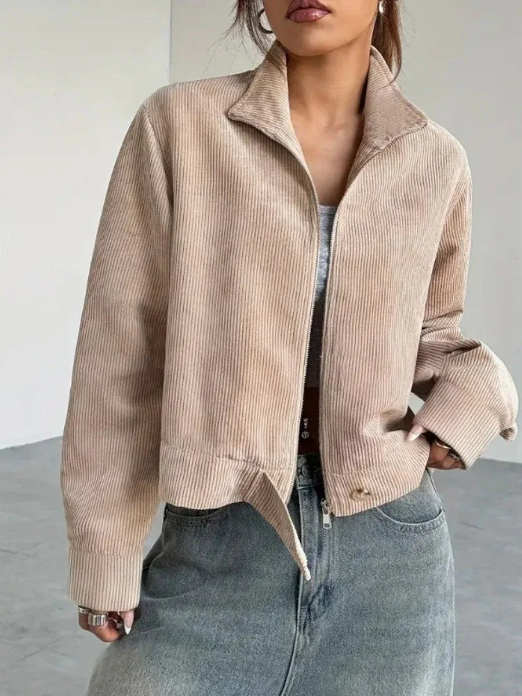 The Sawyer Beige Corduroy Bomber Jacket - TEVQA Main image