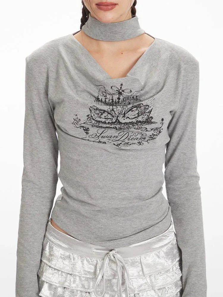 Swan print cowl neck long sleeve top - View 6 | TEVQA