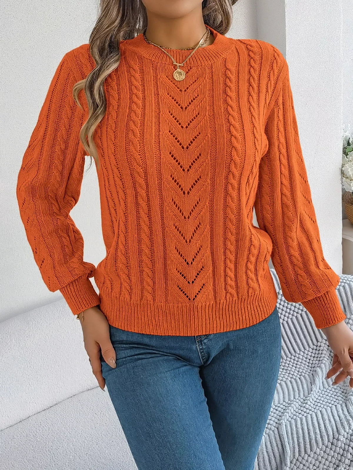 Women's Rust Cable Knit Sweater - TEVQA