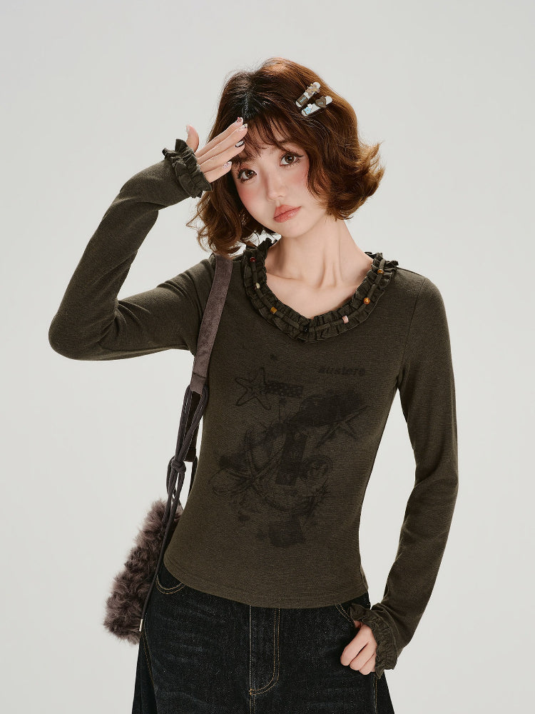Vintage V-Neck Ruffle Print Long Sleeve Olive
