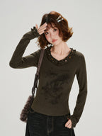 Vintage V-Neck Ruffle Print Long Sleeve Olive