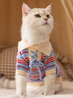 A white cat wearing a blue and red striped knit sweater with a collared neckline and lace-up detail.