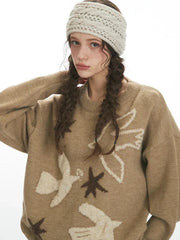 Retro Peace Dove & Star Oversized Knit Sweater - TEVQA