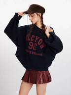 Vintage Collegiate Navy Off-Shoulder Graphic Sweater - TEVQA