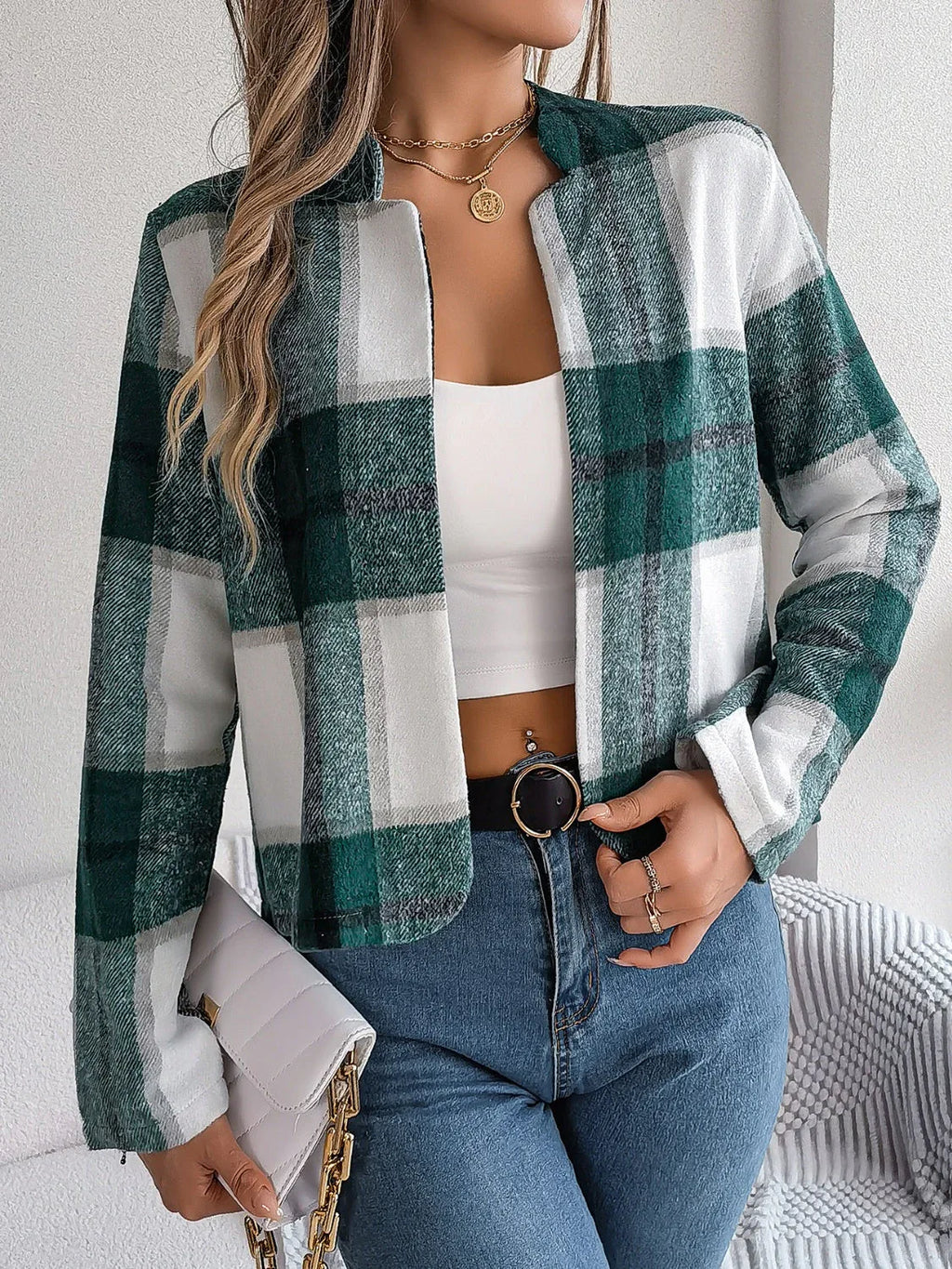 Navy blue plaid cropped jacket - View 21 | TEVQA