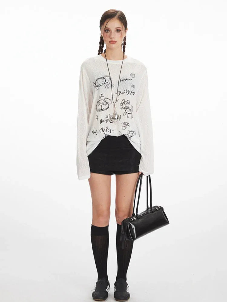 White Sheer Sketch Print Long Sleeve Tee - TEVQA
