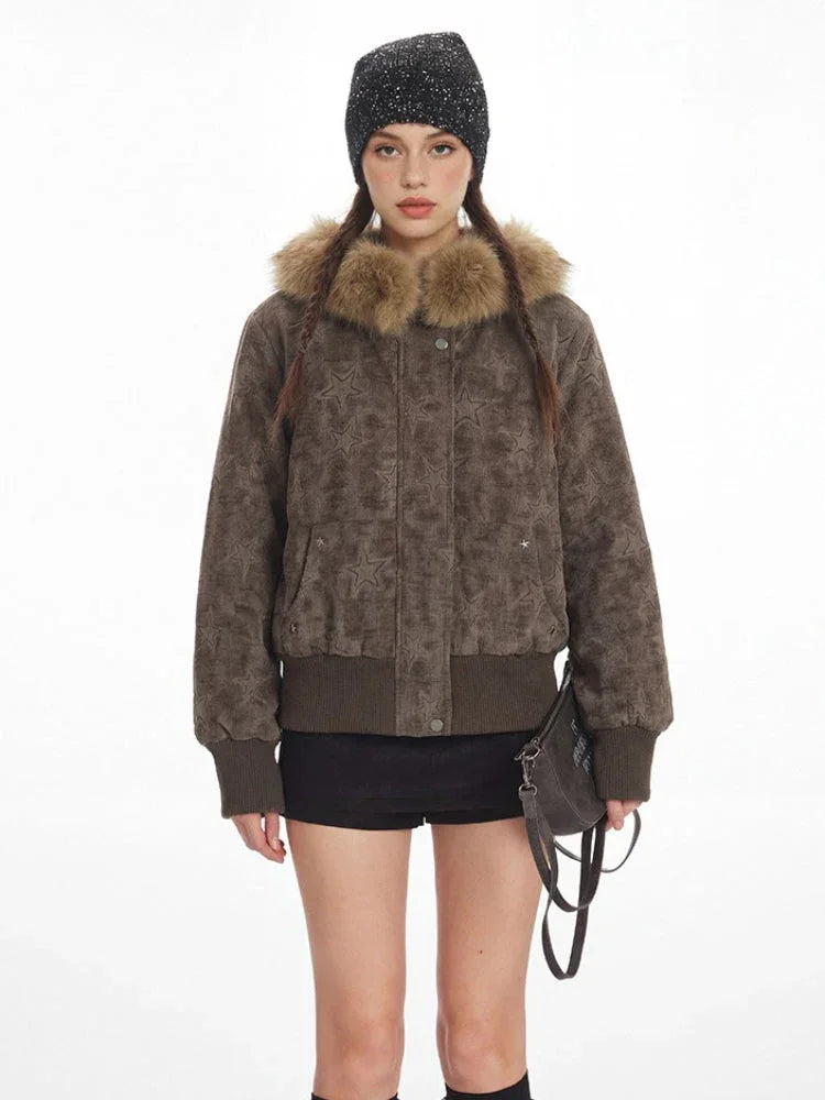 Y2K Brown Star Quilted Puffer Jacket - TEVQA