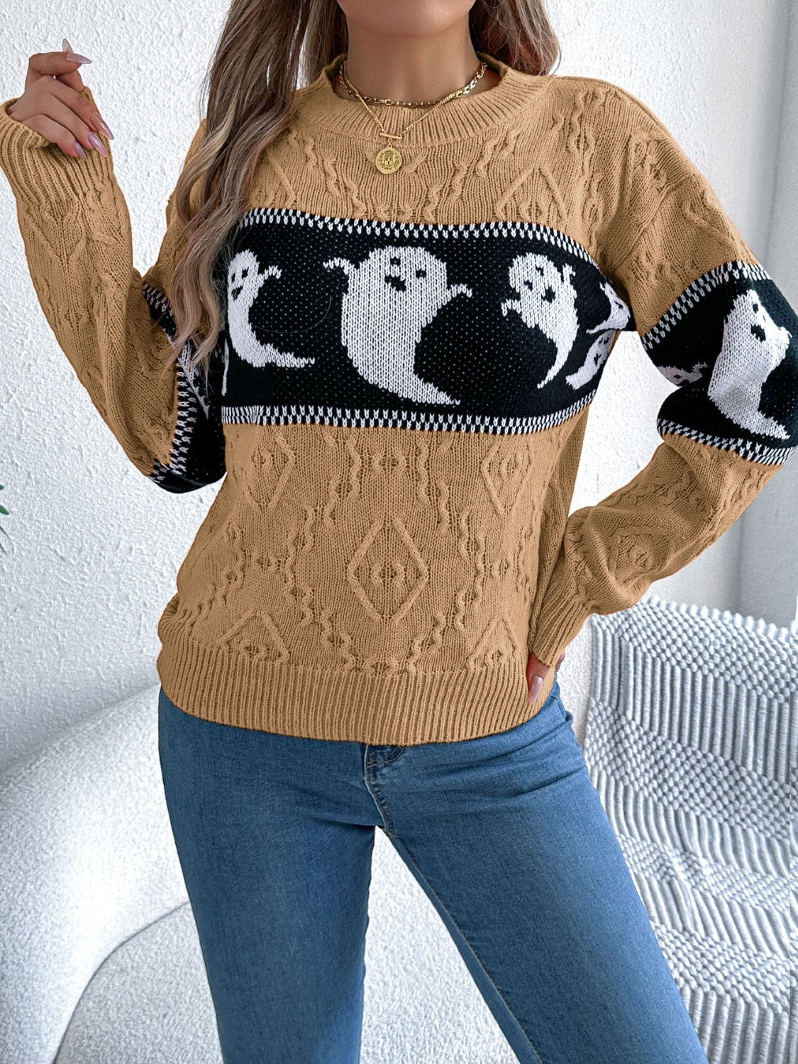 Spooky Chic Ghost Cable Knit Sweater