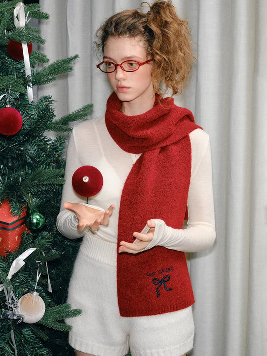 Red Knit Scarf Blue Bowknot Embroidery Christmas