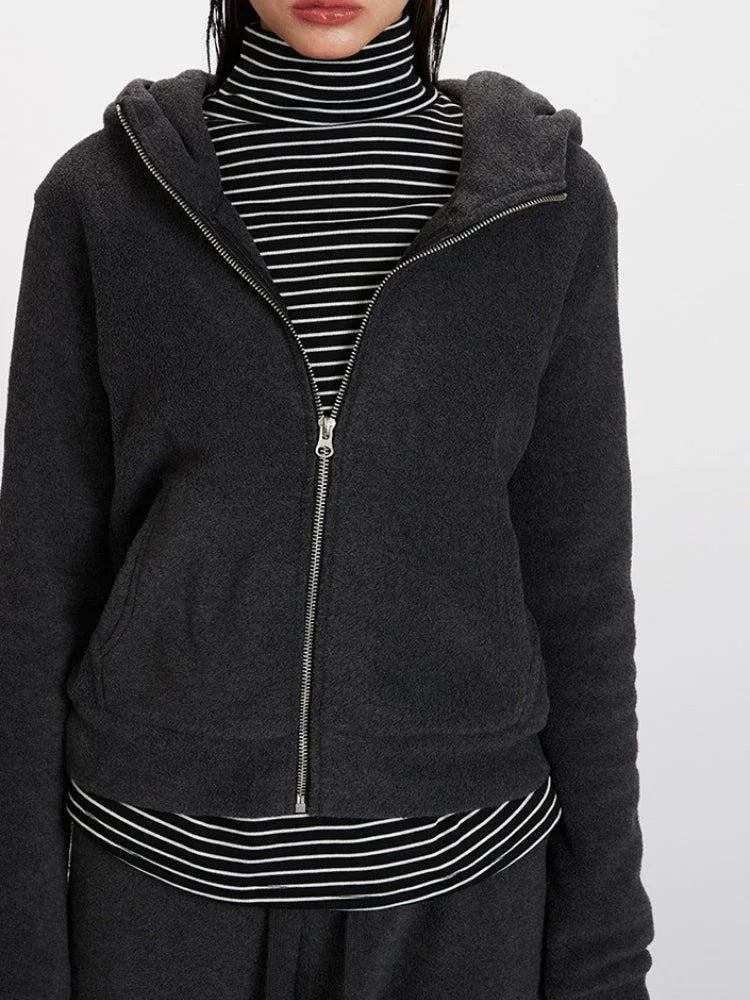 Charcoal Grey Textured Fleece Zip-Up Hoodie - TEVQA