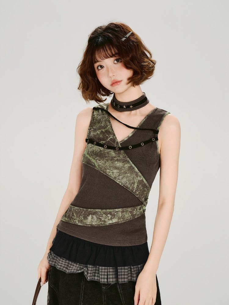 Vintage Grunge Tie-Dye Patchwork Tank Top Brown
