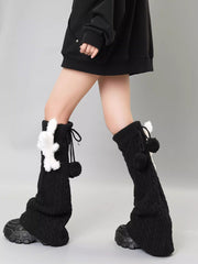 Black Wool Blend Cable Knit Leg Warmers with 3D Teddy Bear