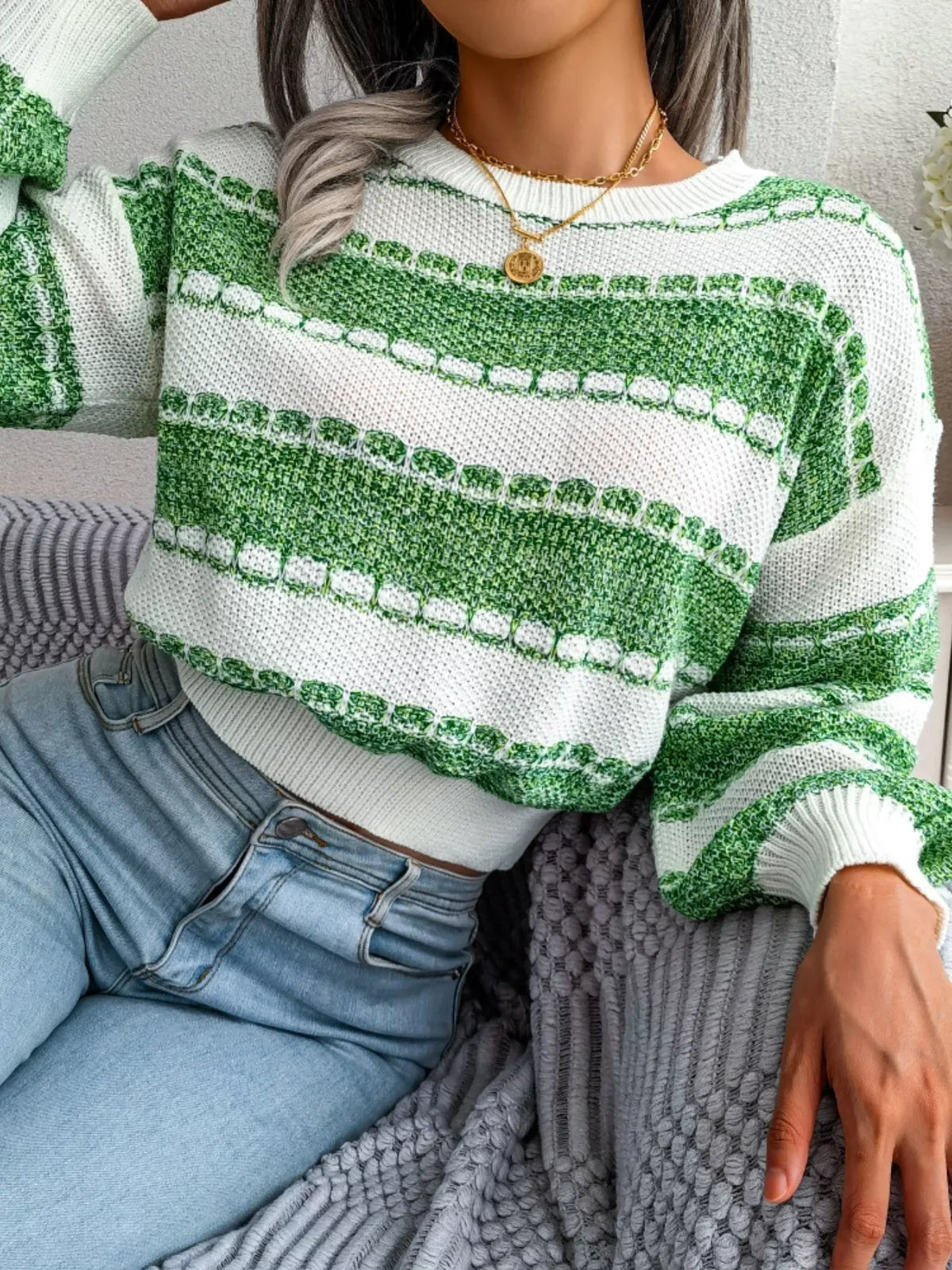 Striped Textured Knit Sweater - View 13 | TEVQA