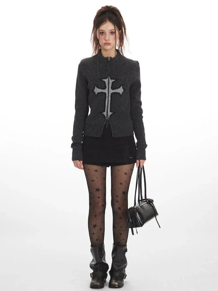 Y2K Grunge Cross Zip Up Knit Cardigan - TEVQA