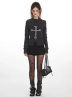 Y2K Grunge Cross Zip Up Knit Cardigan - TEVQA