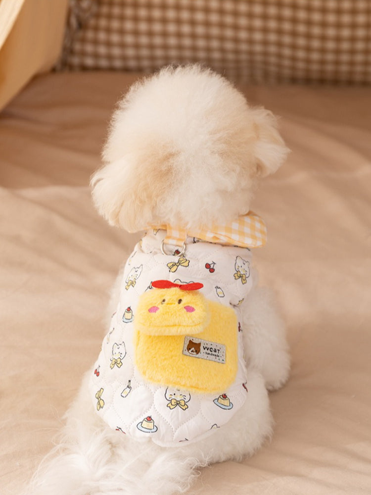 White Cartoon Quilted Pet Vest with Gingham Collar & Pocket