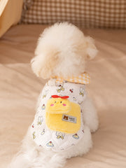 White Cartoon Quilted Pet Vest with Gingham Collar & Pocket