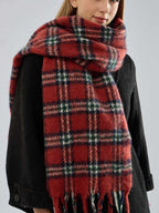 Women's Heavyweight Red Plaid Scarf Soft Faux Mohair Winter Wrap with Fringe