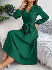 Vintage Khaki V-Neck Pleated Maxi Dress - TEVQA