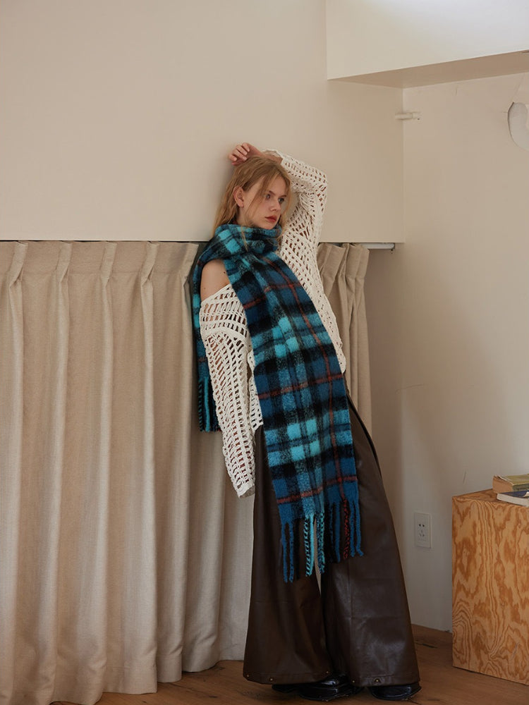Acubi Style Blue & Teal Plaid Scarf