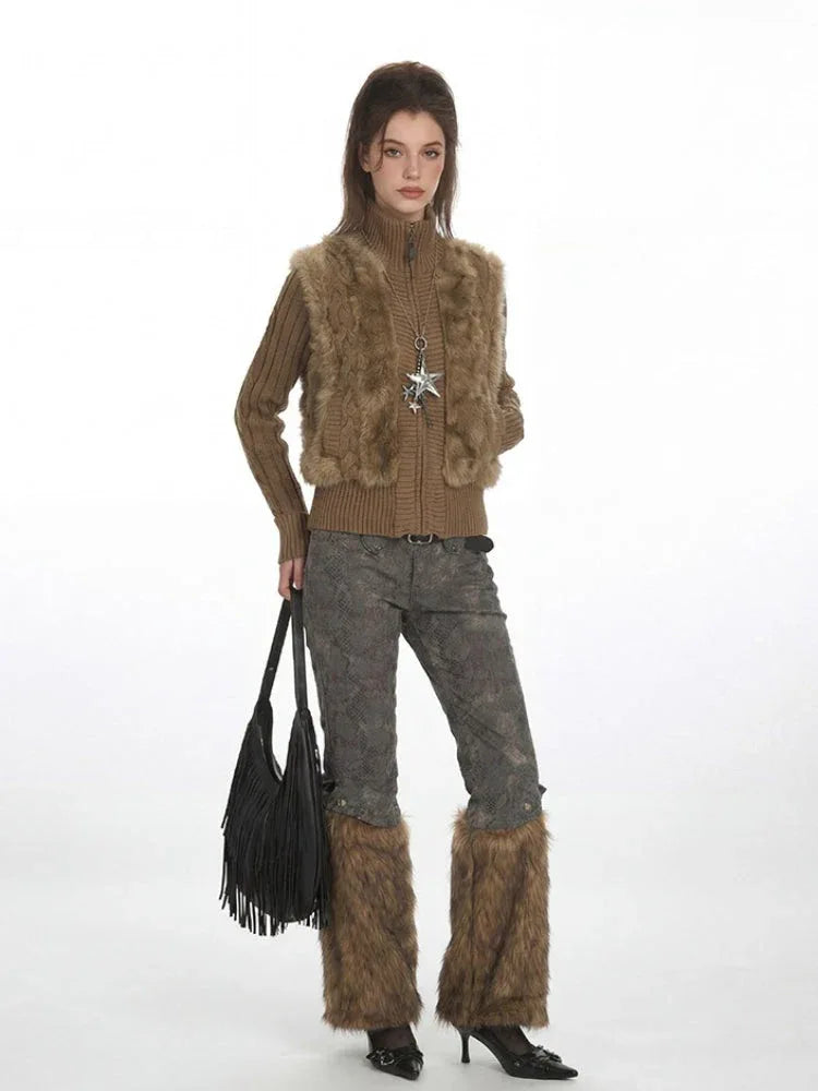 Y2K Faux Fur Panel Zip-Up Cardigan - TEVQA