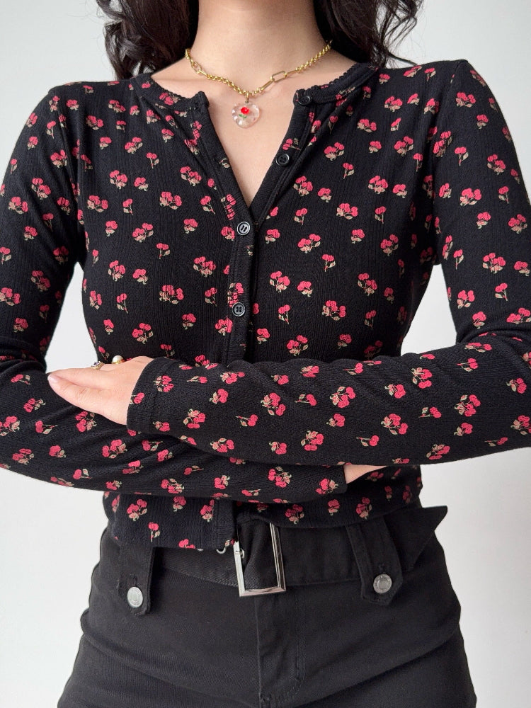 Vintage Floral Ribbed Knit Button-Up Cardigan