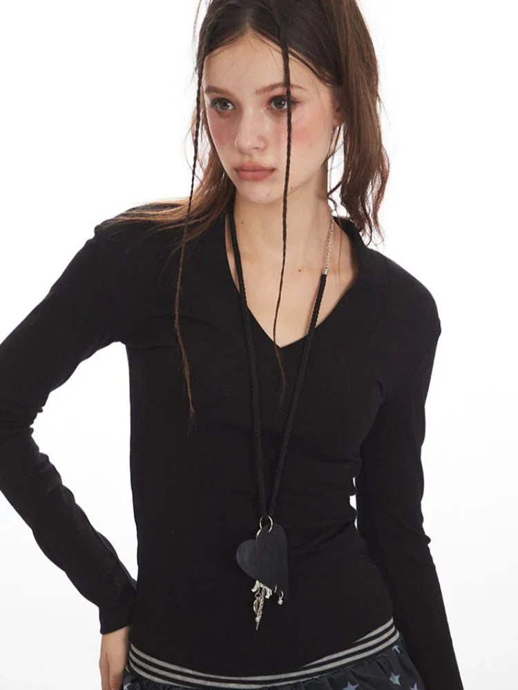 Y2K Grunge Essential V-Neck Long Sleeve Top - TEVQA